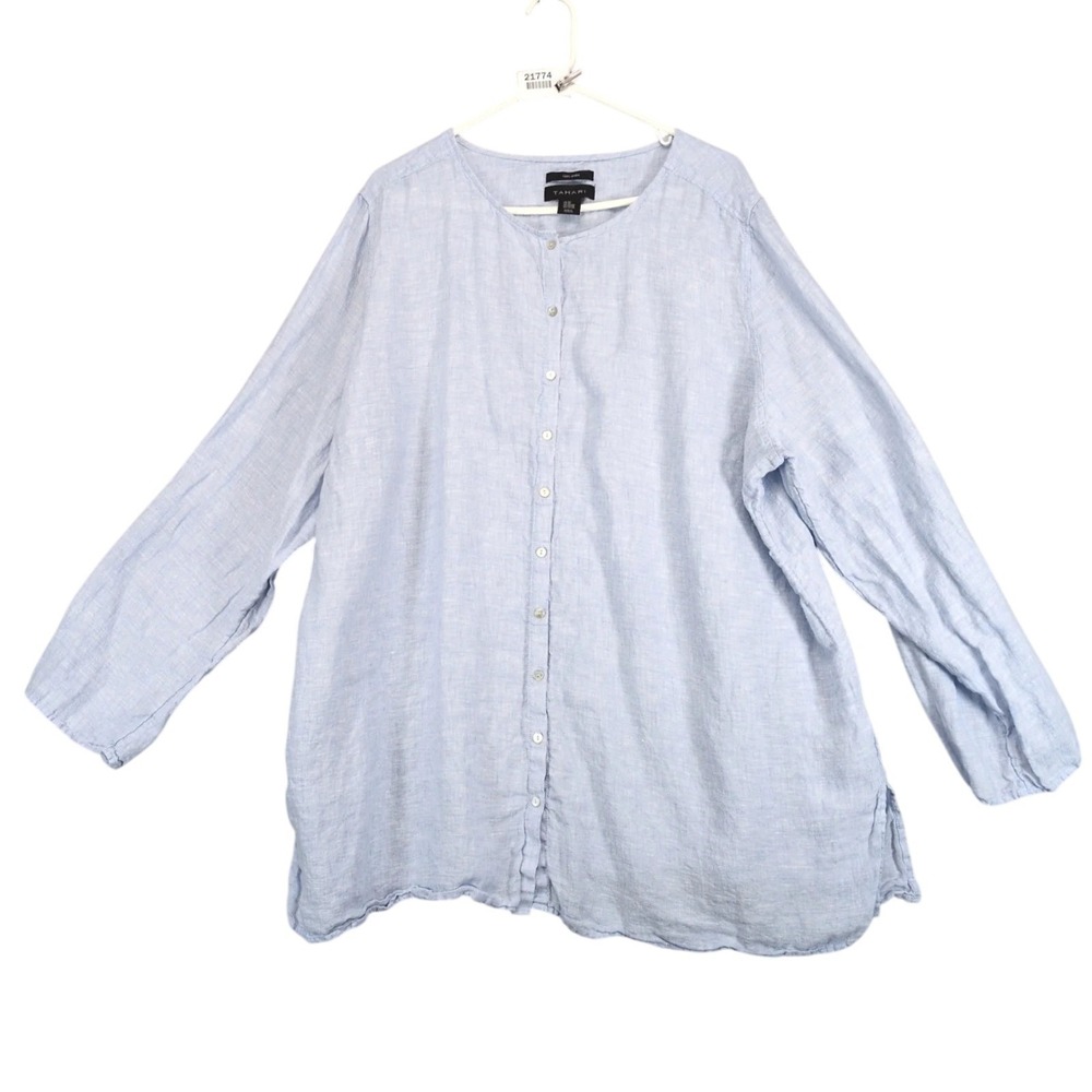 Tahari 100% Linen Blue Tunic Blouse Womens Plus Size 3X Roll Tab Long Sleeves